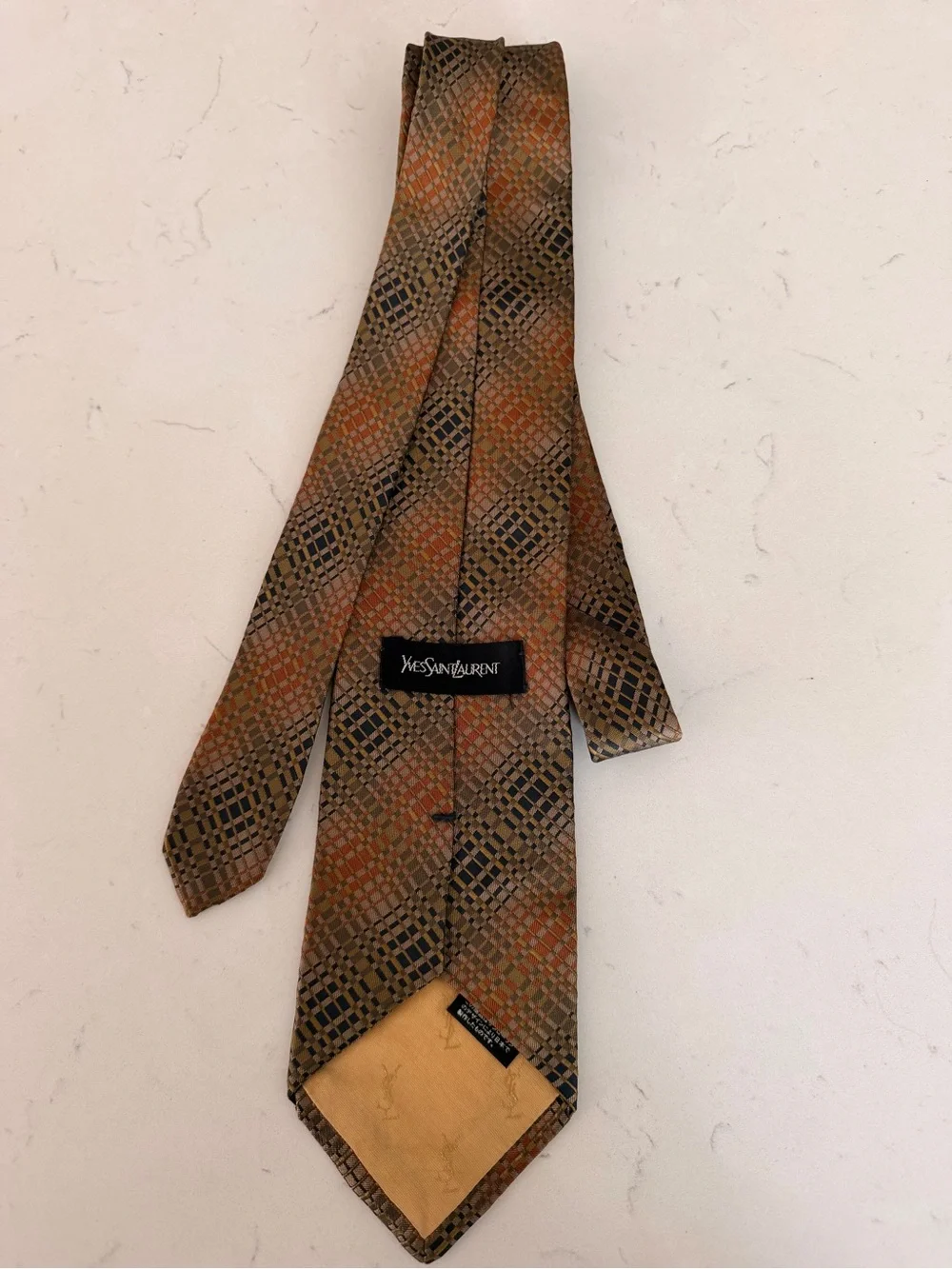 Yves Saint Laurent Brown and Orange Geometric Silk Tie